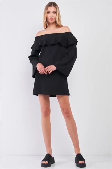 Off-The-Shoulder Ruffle Long Bell Sleeve Mini Dress