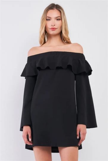Off-The-Shoulder Ruffle Long Bell Sleeve Mini Dress