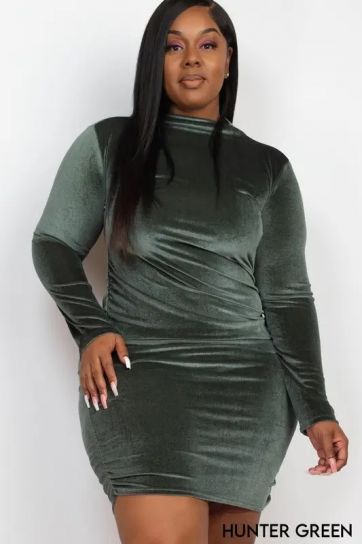 Ruched Long Sleeve Velour Dress Green