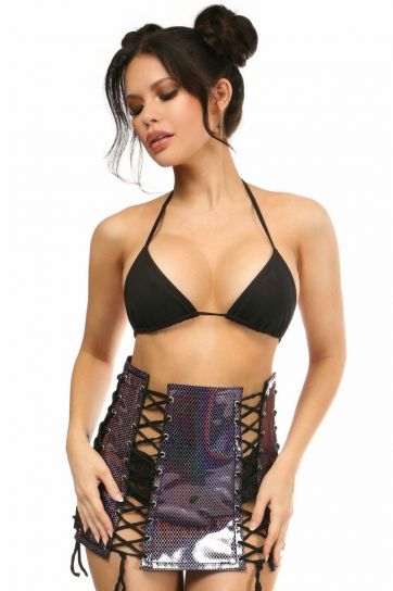 Oil Spill Fishnet Patent Lace Up Skirt 